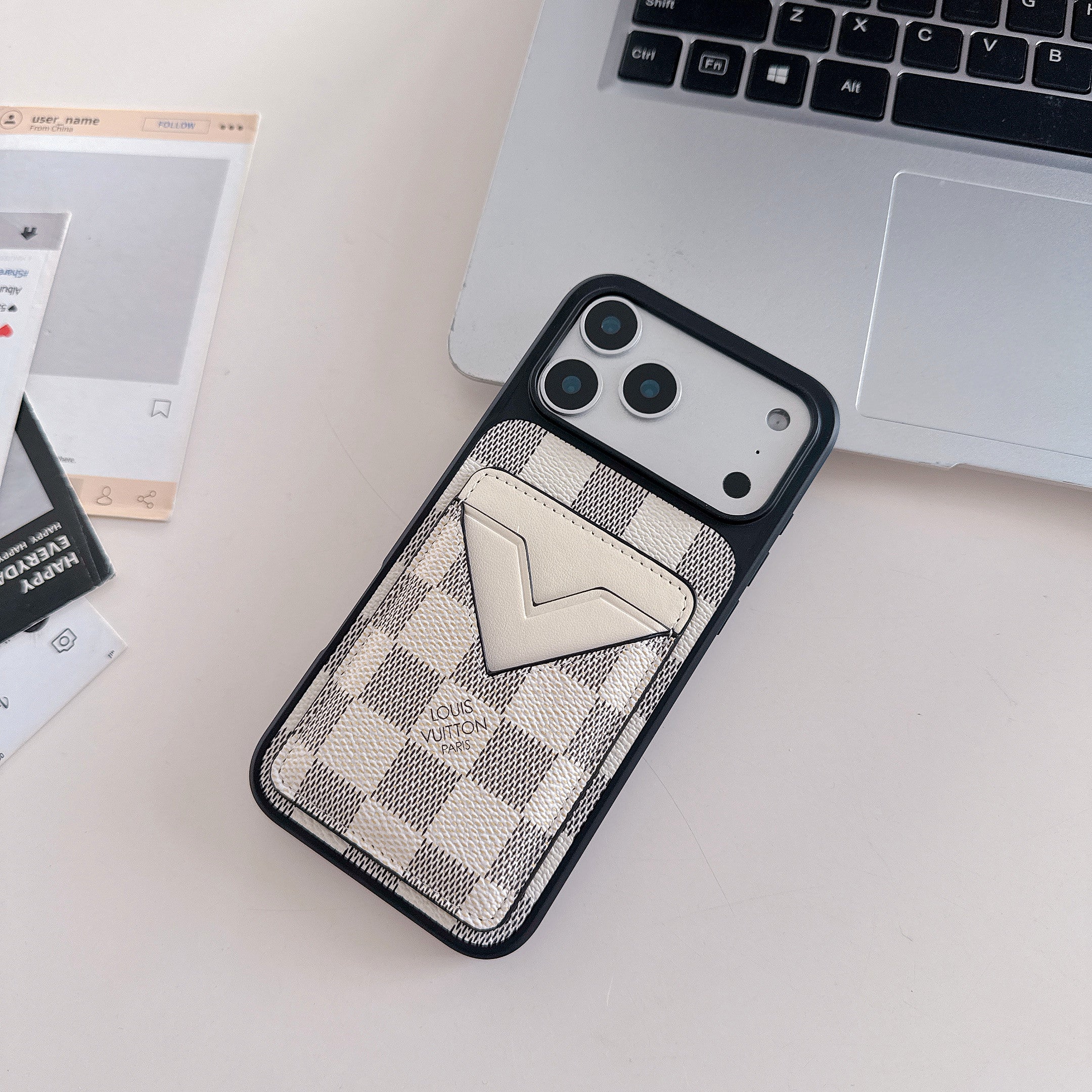 White Checkered Leather iPhone Case with V-Pocket Card Slot