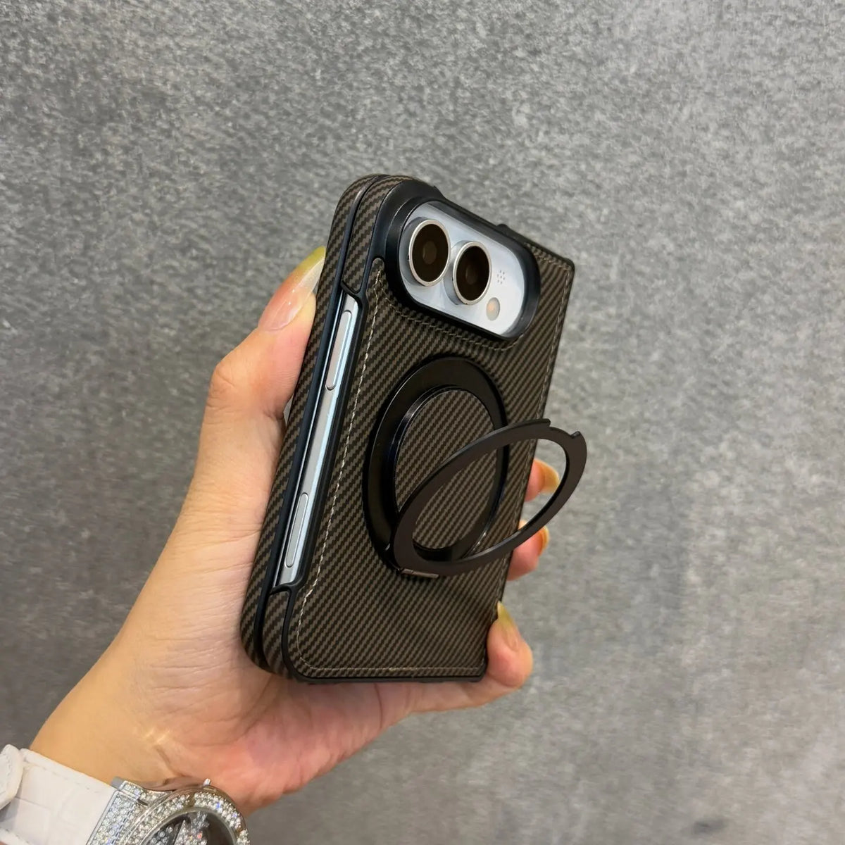 Carbon Fiber Texture Case with 360° Rotating Stand for iPhone Duo
