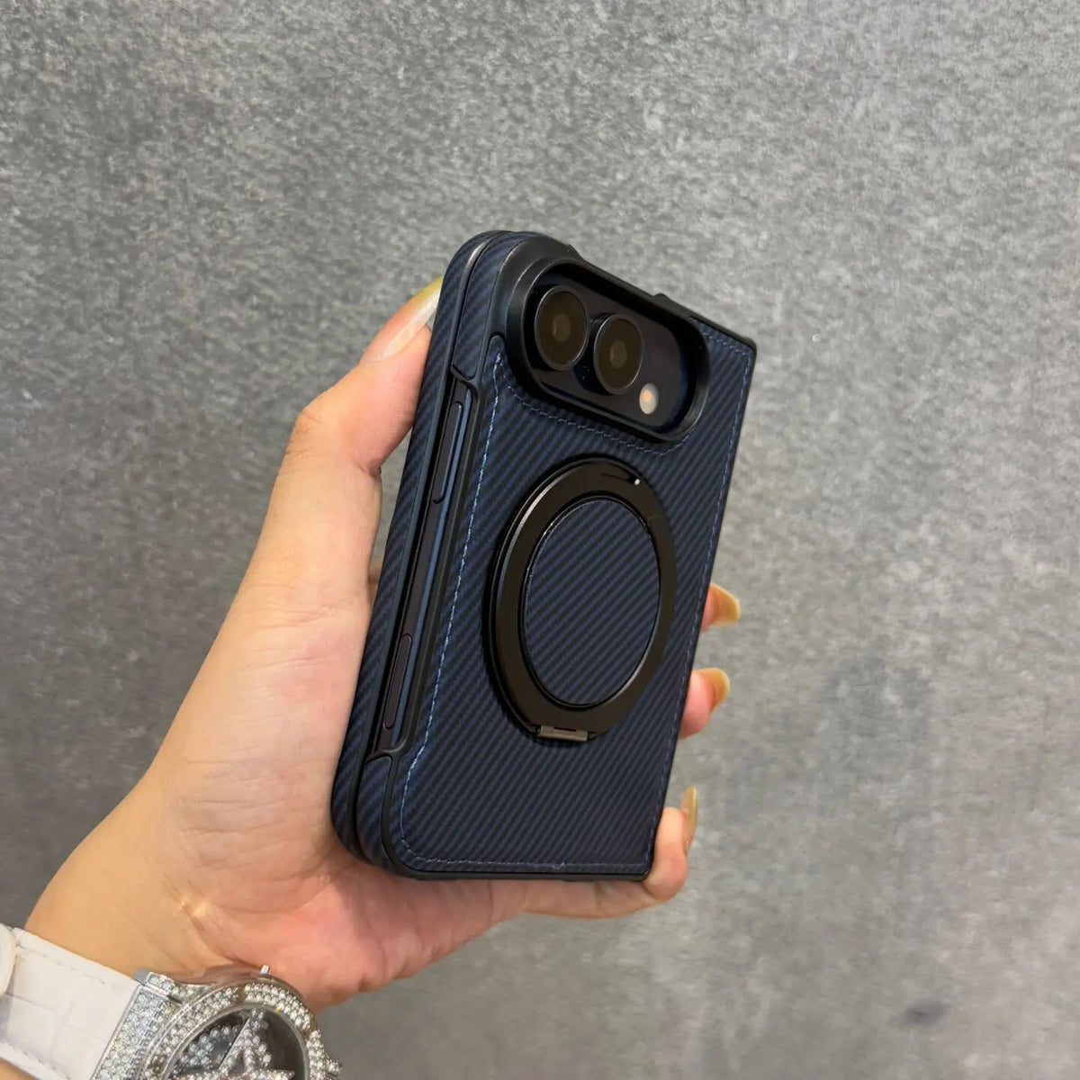 Carbon Fiber Texture Case with 360° Rotating Stand for iPhone Duo