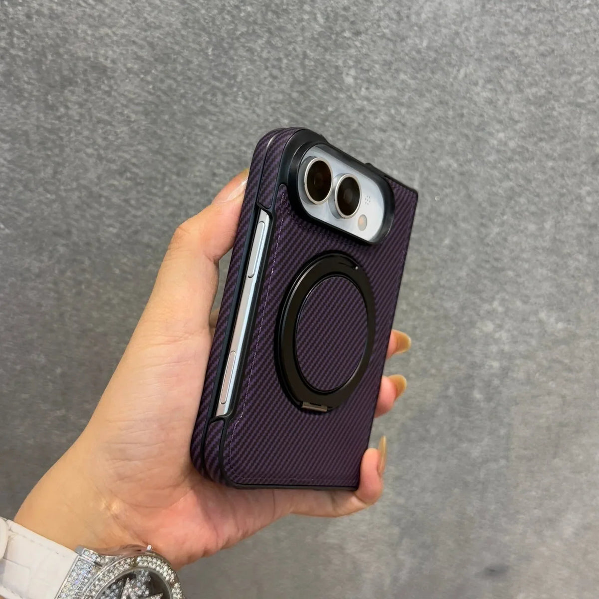 Carbon Fiber Texture Case with 360° Rotating Stand for iPhone Duo