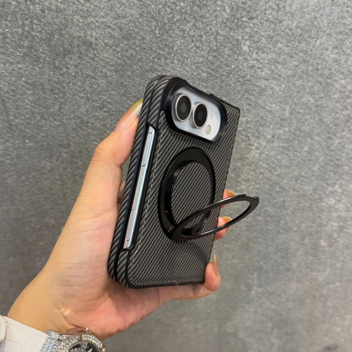 Carbon Fiber Texture Case with 360° Rotating Stand for iPhone Duo
