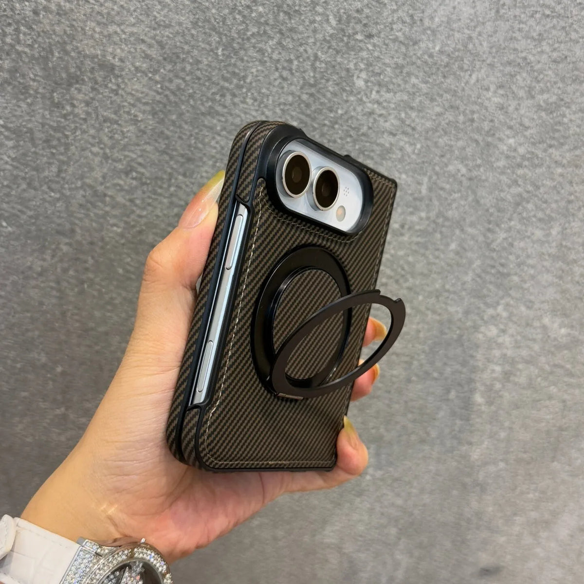 Carbon Fiber Texture Case with 360° Rotating Stand for iPhone Duo