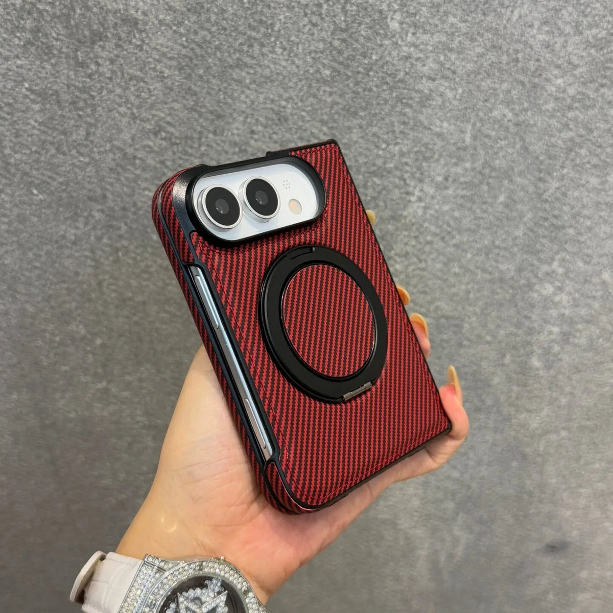 Carbon Fiber Texture Case with 360° Rotating Stand for iPhone Duo