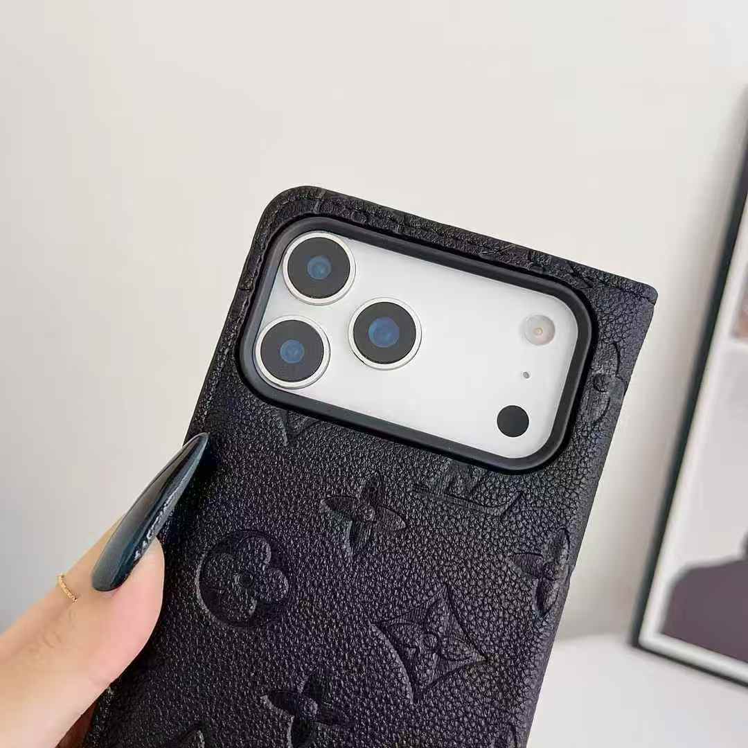 LV Style Black Flip Wallet iPhone Case – Slim & Elegant