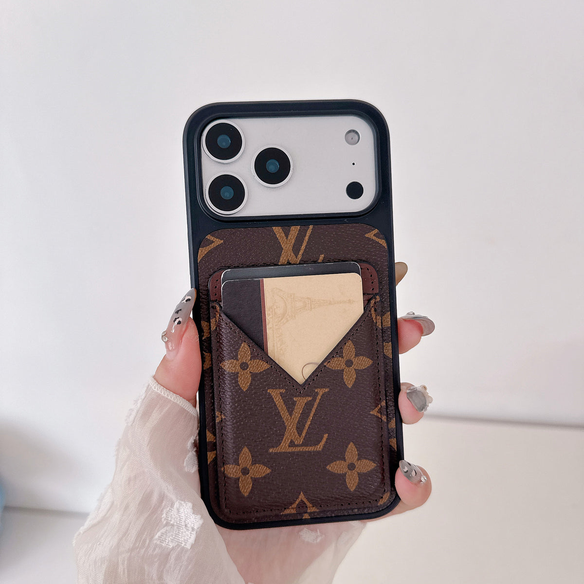 Braun Leder 2-in-1 Monogram iPhone Geldbörse Hülle – Ansicht 3