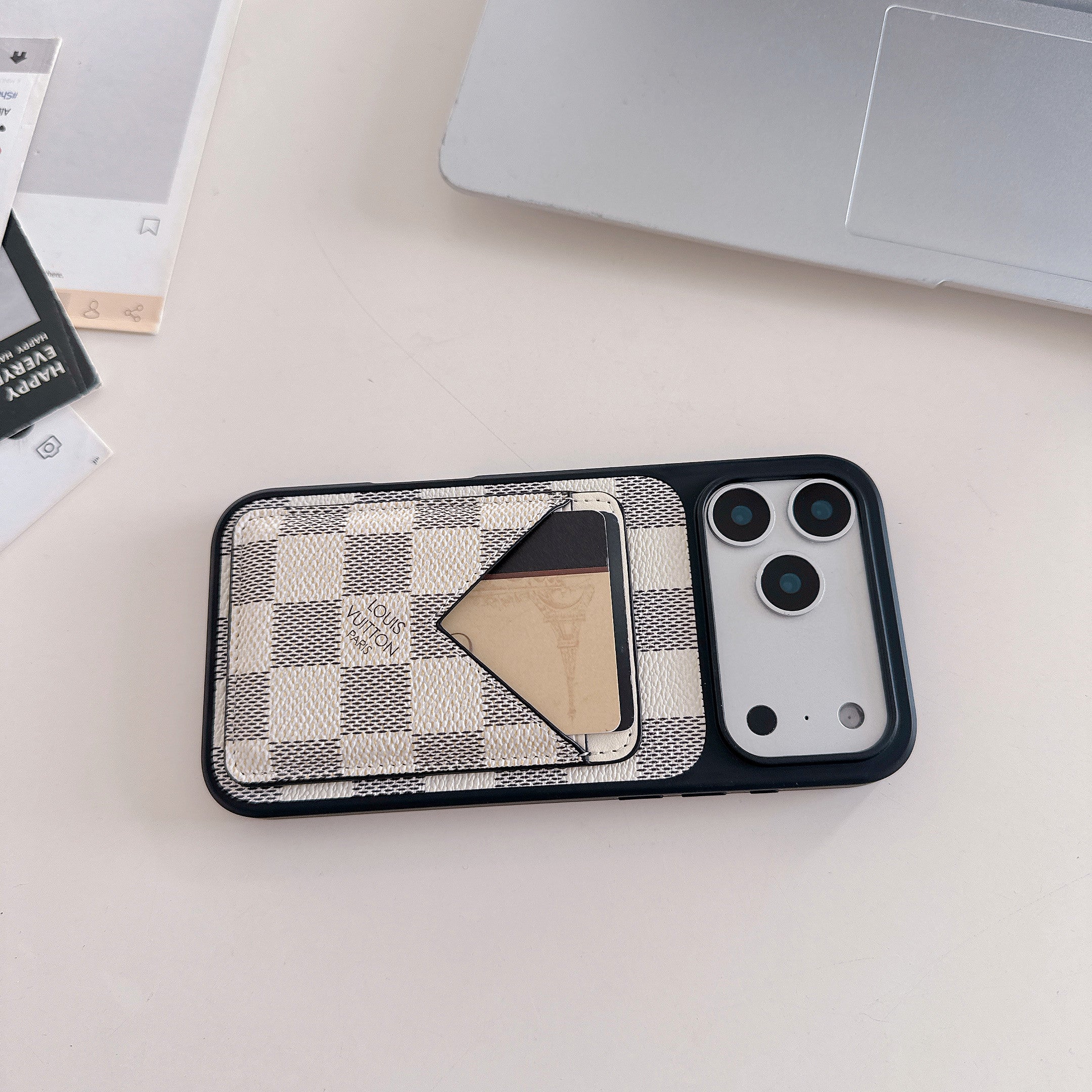 White Checkered Leather iPhone Case with V-Pocket Card Slot