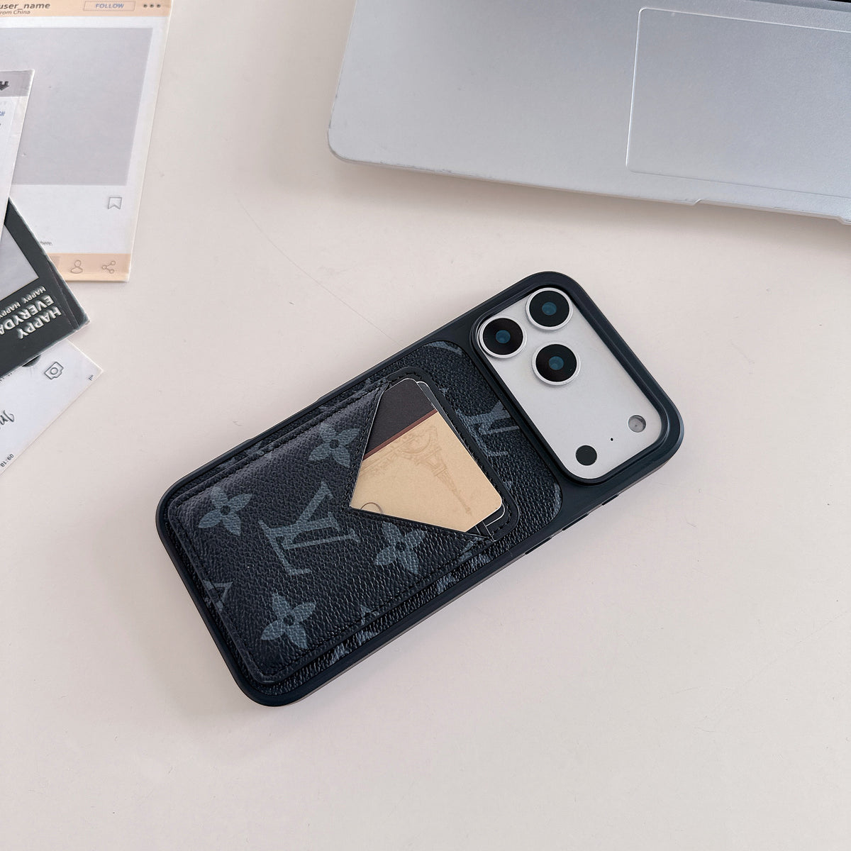 Schwarz Monogram Leder iPhone Hülle with V-Pocket Card Slot – Ansicht 3
