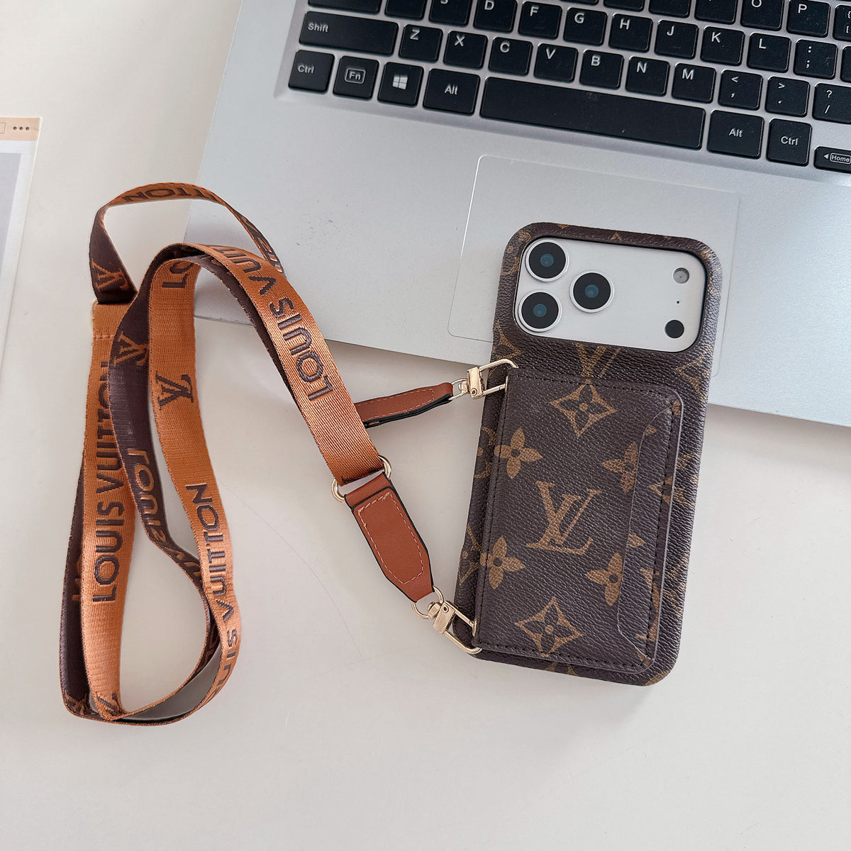 Braun Leder Monogram iPhone Umhänge iPhone Hülle – Ansicht 2