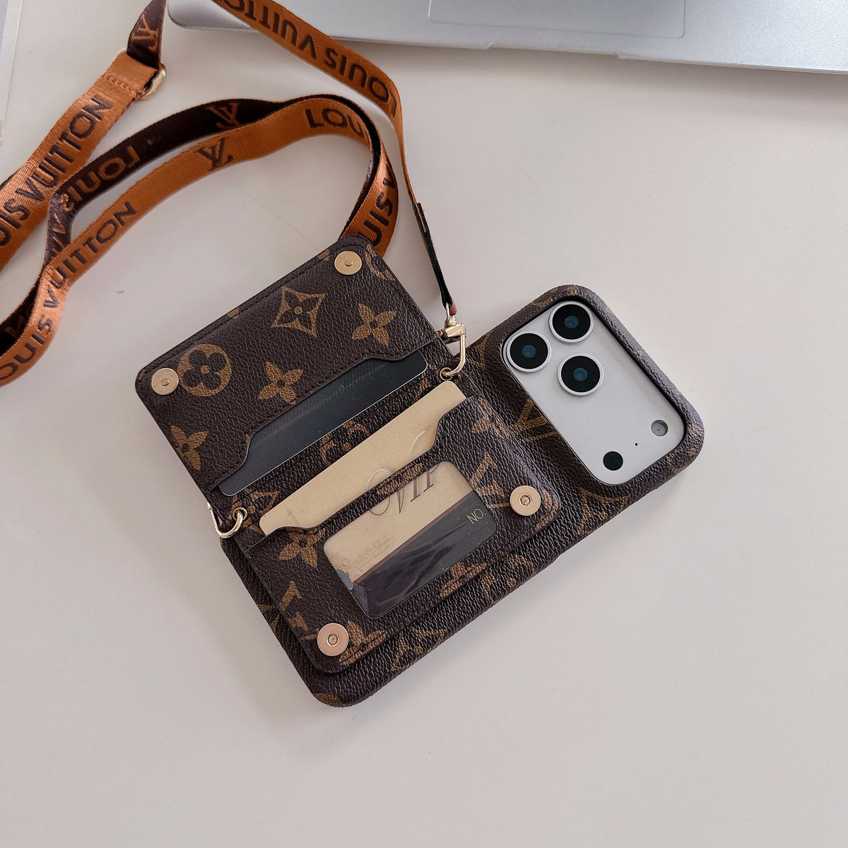 Braun Leder Monogram iPhone Umhänge iPhone Hülle – Ansicht 3
