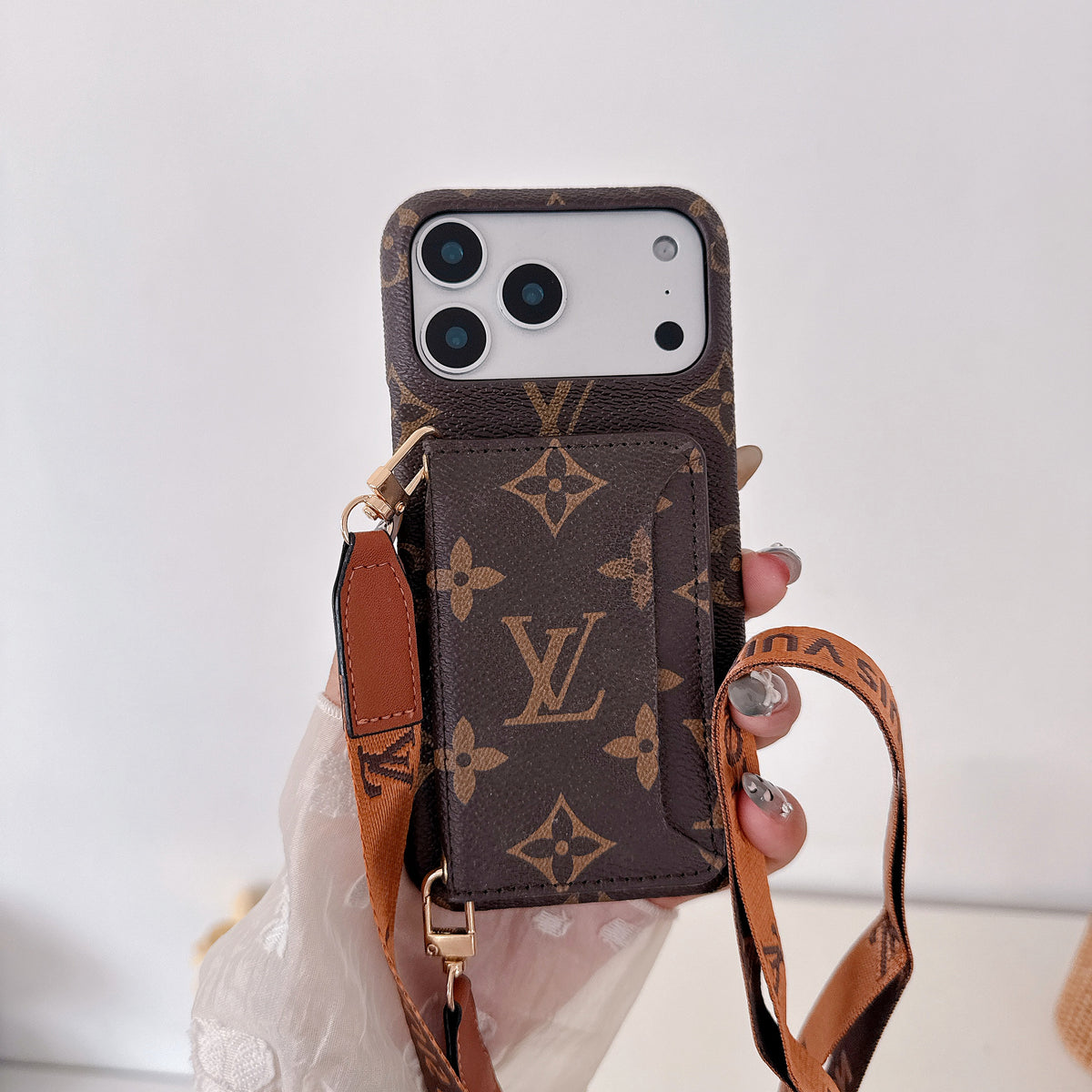 Braun Leder Monogram iPhone Umhänge iPhone Hülle – Ansicht 1