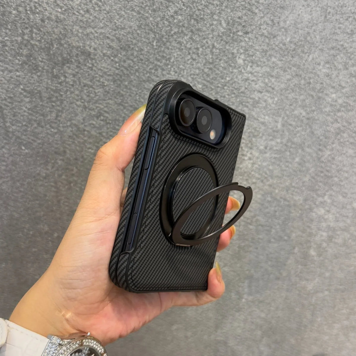Carbon Fiber Texture Case with 360° Rotating Stand for iPhone Duo