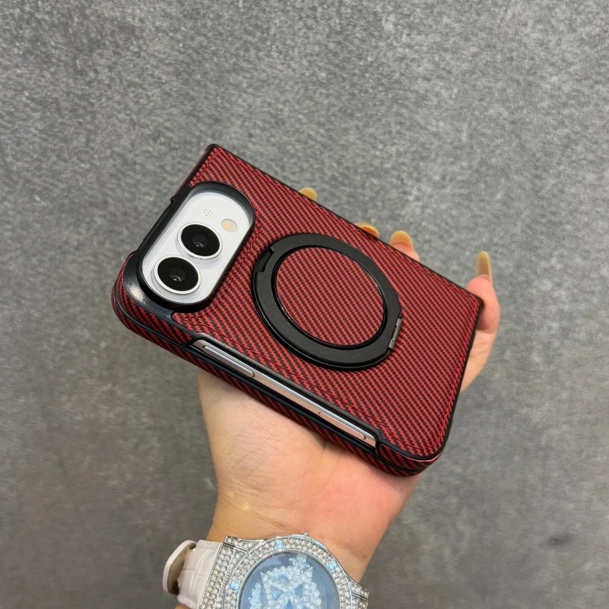 Carbon Fiber Texture Case with 360° Rotating Stand for iPhone Duo