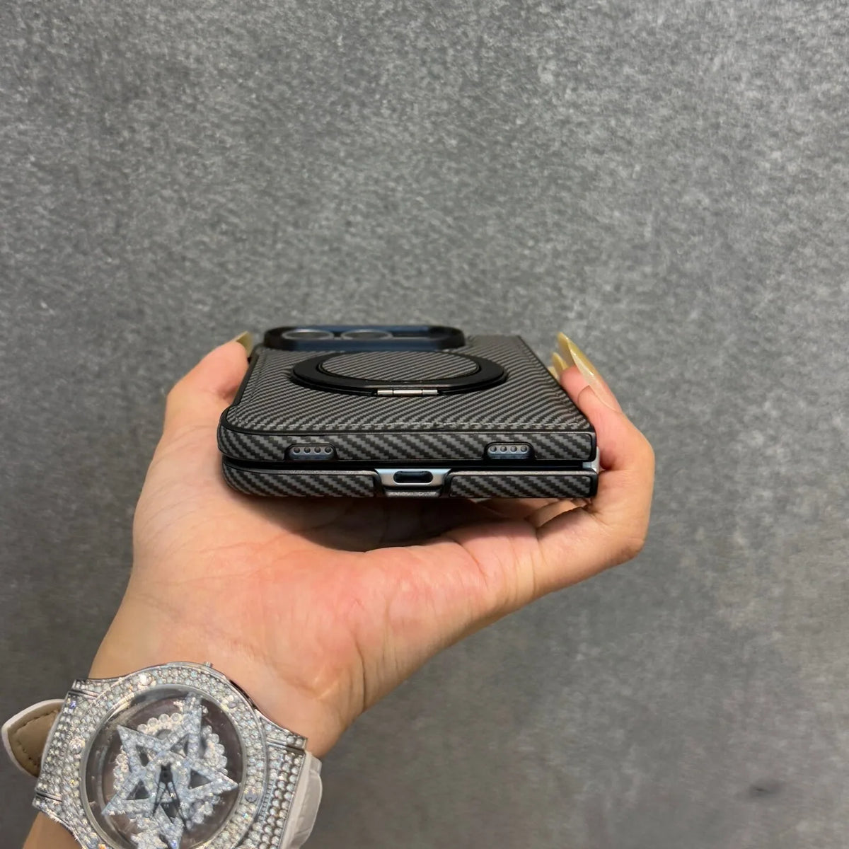 Carbon Fiber Texture Case with 360° Rotating Stand for iPhone Duo