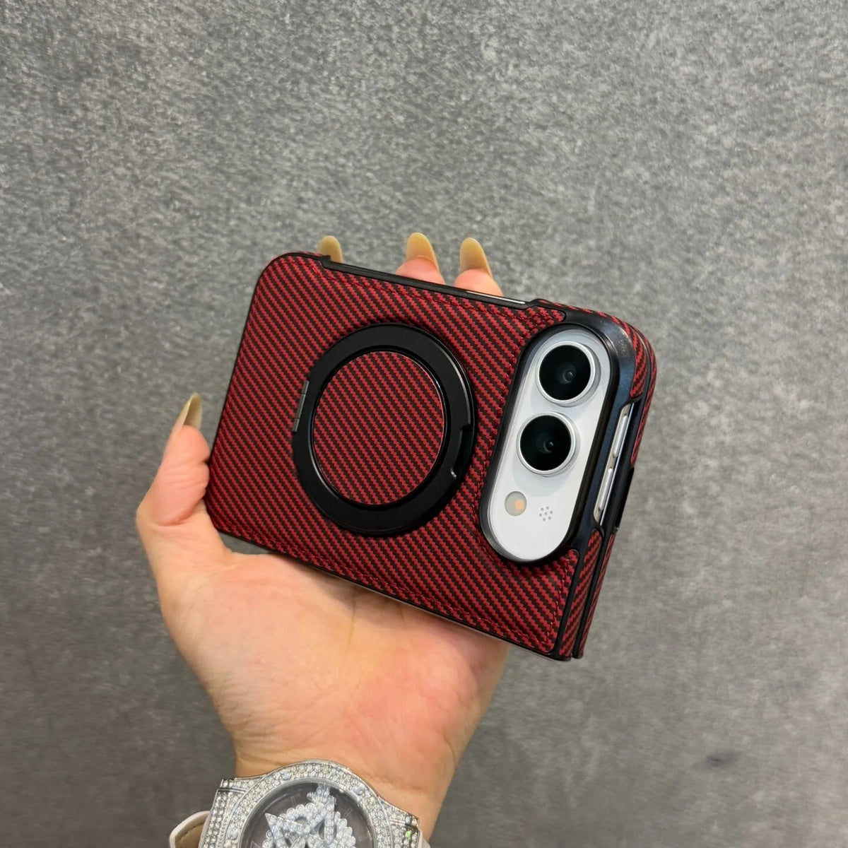 Carbon Fiber Texture Case with 360° Rotating Stand for iPhone Duo