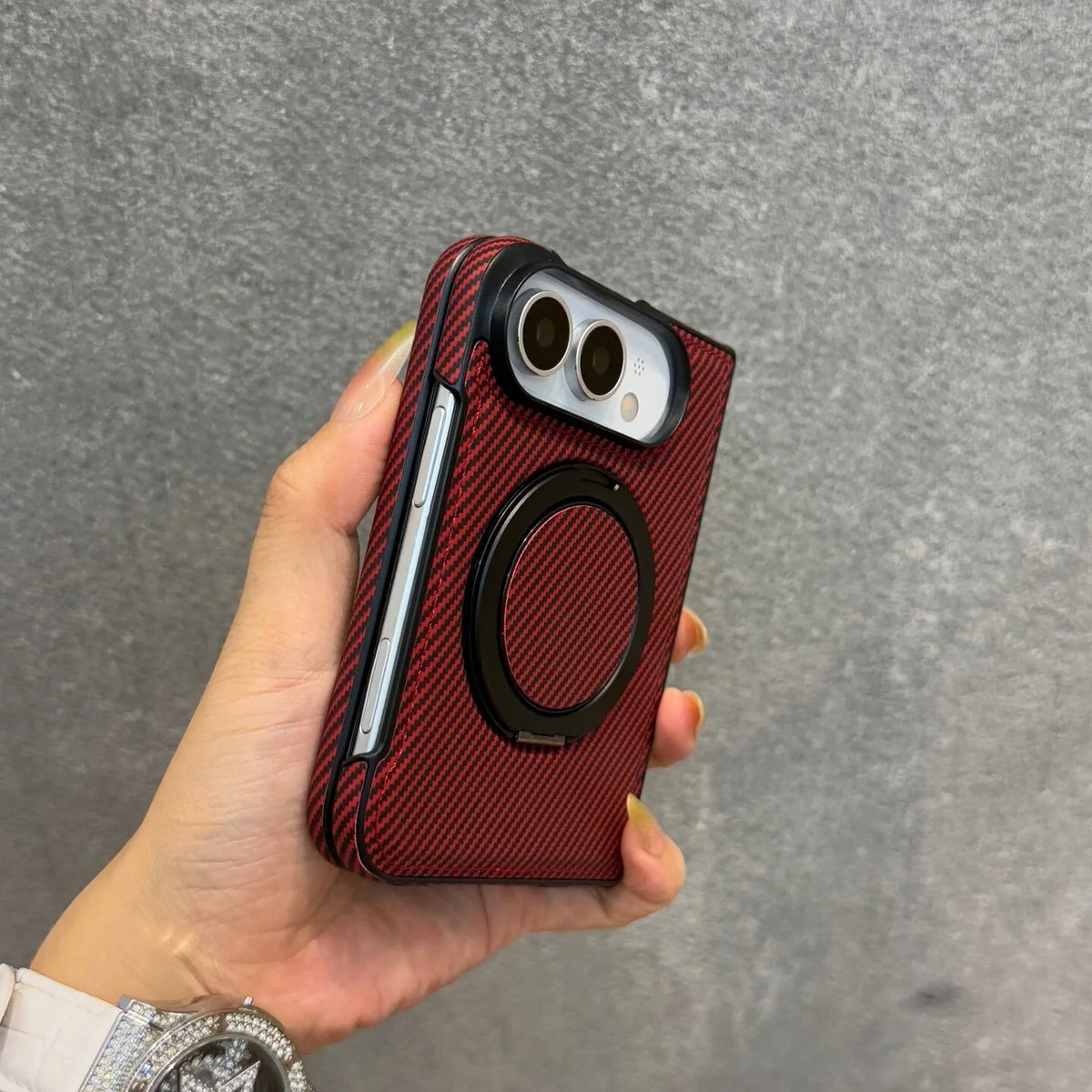 Carbon Fiber Texture Case with 360° Rotating Stand for iPhone Duo