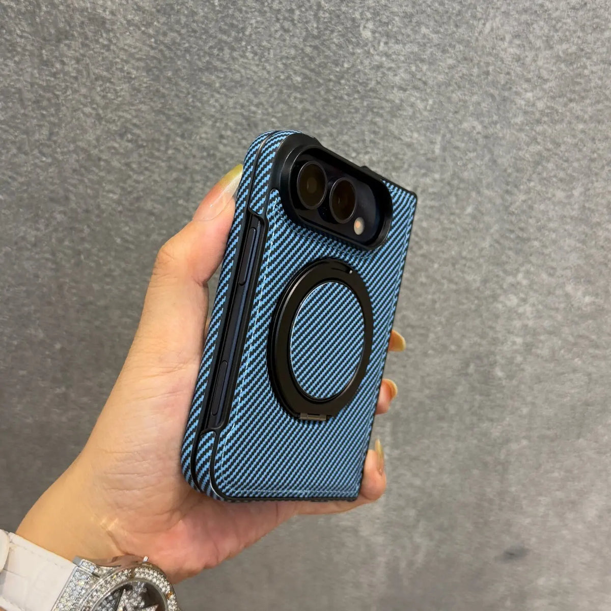 Carbon Fiber Texture Case with 360° Rotating Stand for iPhone Duo