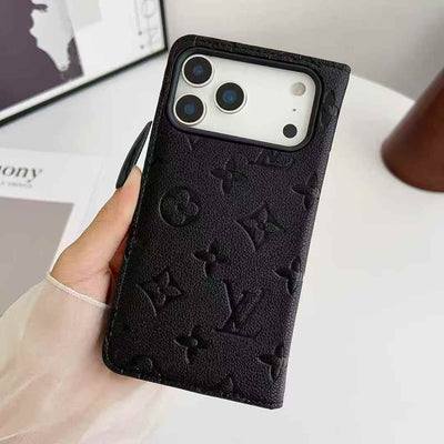 LV Style Black Flip Wallet iPhone Case – Slim & Elegant