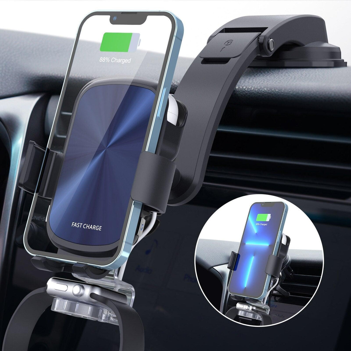 3 in 1 Wireless Car Charger for iPhone AirPods & Apple Watch - CASESFULLY