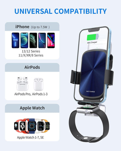 3 in 1 Wireless Car Charger for iPhone AirPods & Apple Watch - CASESFULLY